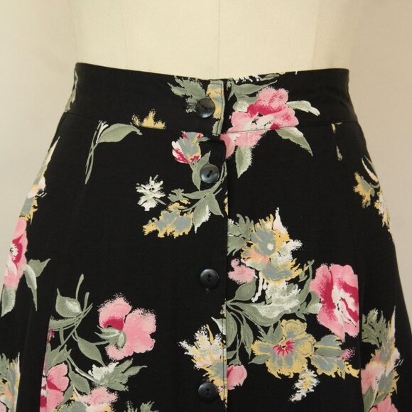 Vintage 1990s Skirt, Michael Taylor Black Floral Print, Button Front Elastic - Picture 4 of 10